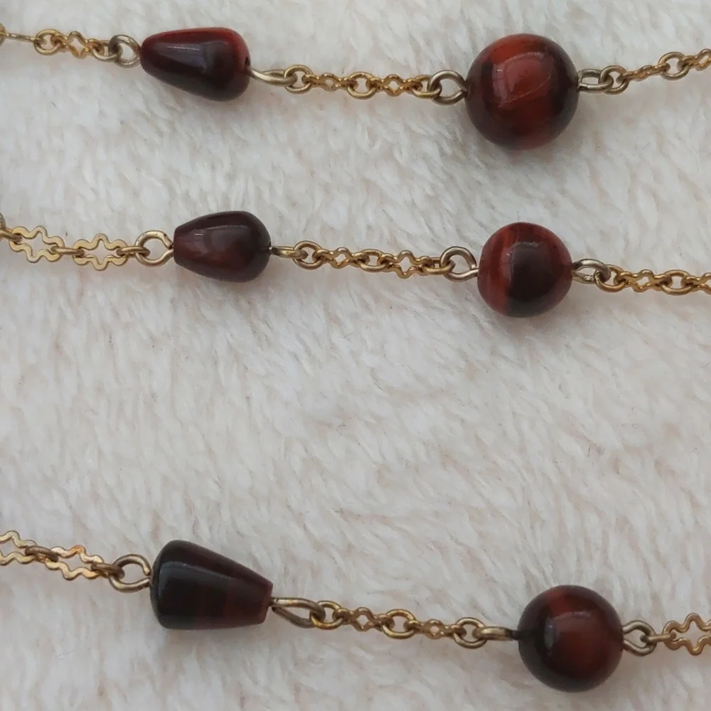 SALE: Gold-Colored Five Chain Necklace with Small Dark Brown Beads - Picture 4 of 10